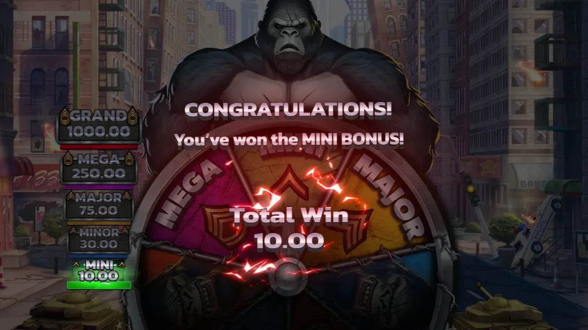 Pemandangan hutan tropis dengan reruntuhan kuno dan primata raksasa dalam slot Primal Rampage