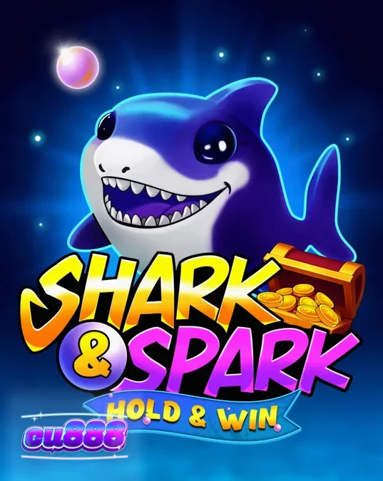 Tampilan visual slot Shark & Spark Hold & Win dengan karakter hiu kartun